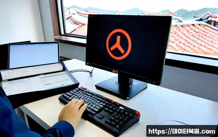 옥천동 POOL_CORRUPTION_IN_FILE_AREA - Photorealistic remote support workstation in Okcheon-dong, dual monitors showing a clean abstract fi...