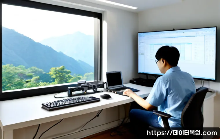 인헌동 STATUS_INVALID_OBJECT - Photorealistic remote-support workstation in a compact Seoul hillside apartment office, dual monitor...
