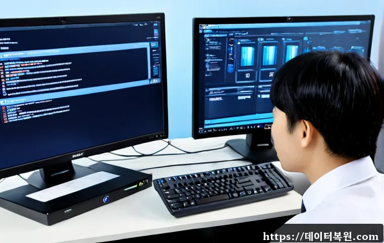 덕양구 FAT_FILE_SYSTEM - Photorealistic remote IT support workstation in Deogyang-gu, dual monitors showing a frozen blue-ton...