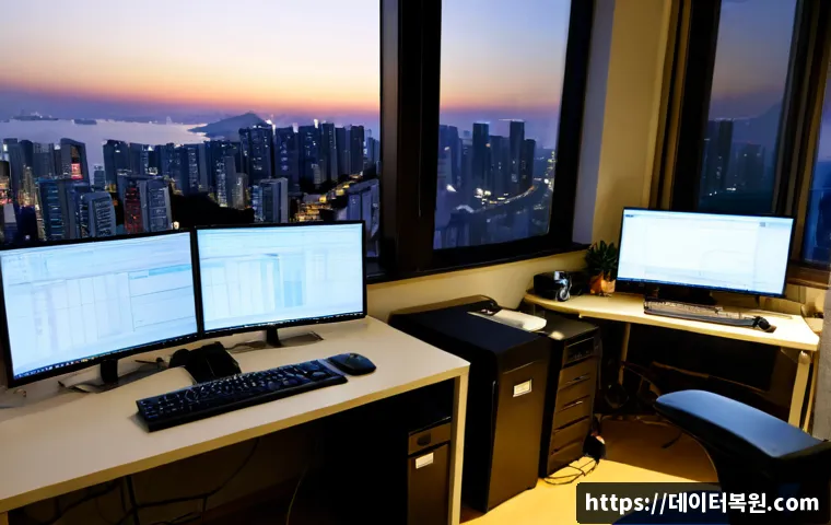 등촌동 SESSION_HAS_VALID_VIEWS_ON_EXIT - Photorealistic software support workstation in a quiet Deungchon-dong apartment office, dual monitor...