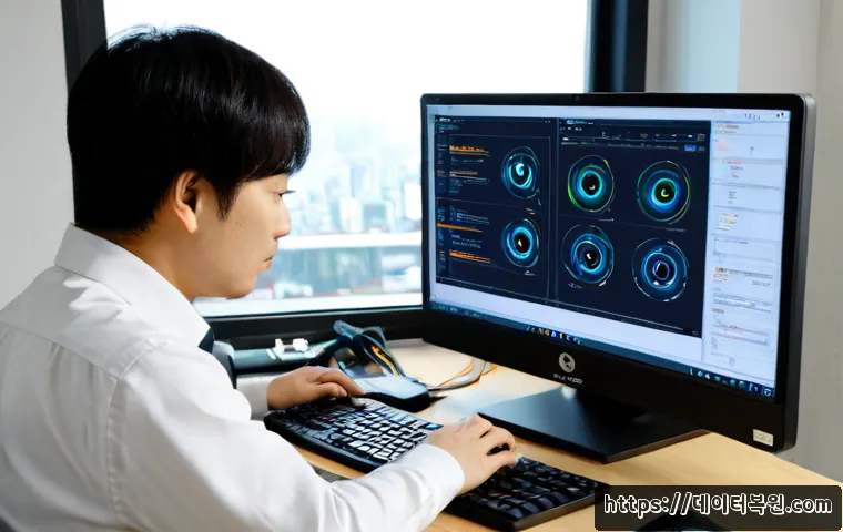 신설동 STATUS_KERNEL_ACCESS_DENIED - Photorealistic IT support workstation in a compact Sinseol-dong office, dual monitors showing abstra...