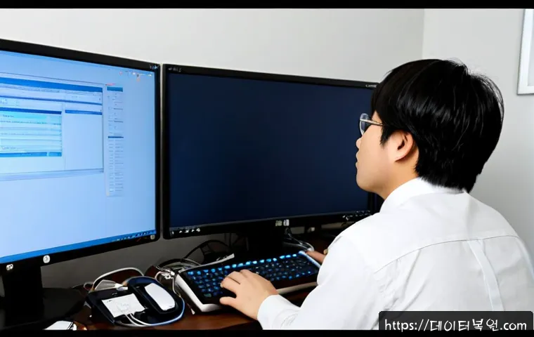 재동 WIN32K_LOCK_HELD_TOO_LONG - Photorealistic remote-support workstation, frustrated IT technician examining a frozen dual-monitor ...