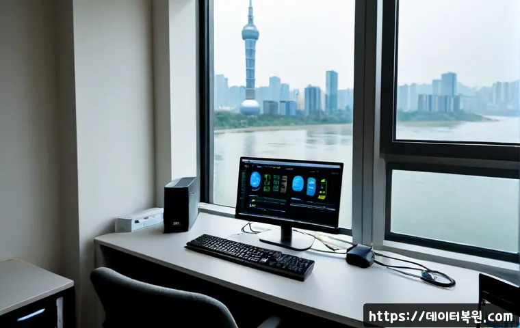 강일동 STATUS_KERNEL_CONNECTION_TIMEOUT - Photorealistic IT support workstation in a modern Gangil-dong apartment office, dual monitors showin...
