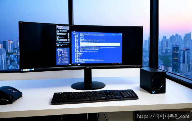 자곡동 STATUS_KERNEL_INIT_FAILURE - Photorealistic IT support workstation in a modern apartment office, ultrawide monitor showing a blan...