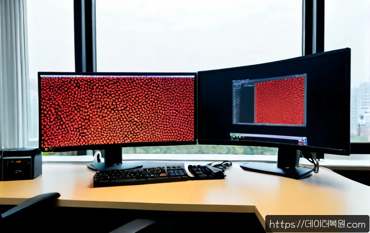 고봉동 STATUS_STACK_BUFFER_OVERRUN - Photorealistic IT support workstation in a quiet Gobeong-dong office, dual monitors showing abstract...