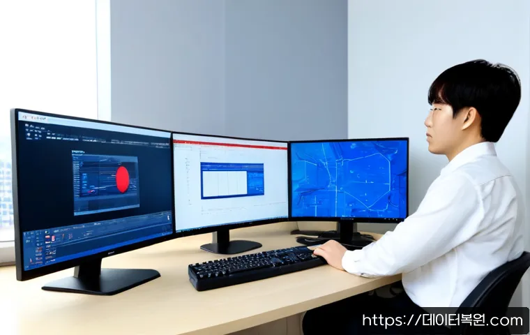 화정동 ATTEMPTED_EXECUTE_OF_NOEXECUTE_MEMORY - Photorealistic IT support workstation in a compact Hwajeong-dong office, dual monitors showing abstr...