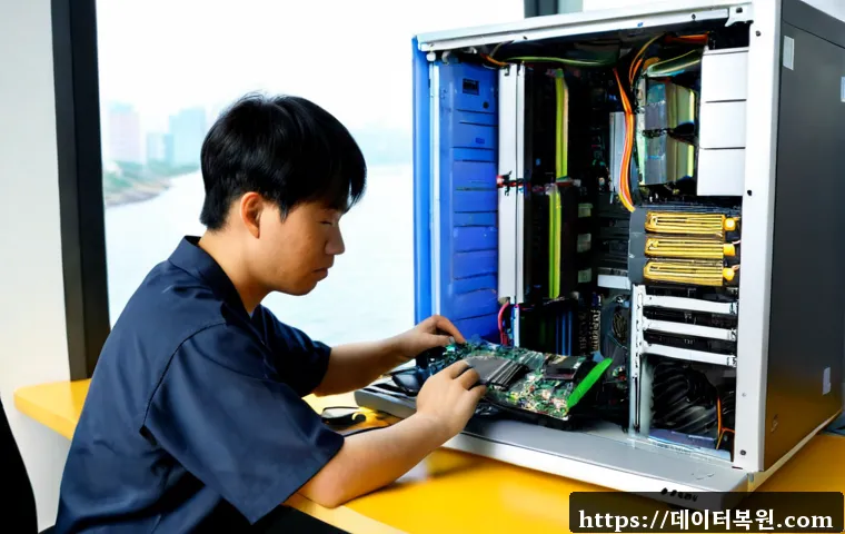 한강로 그래픽카드조립 및 교체수리 - Photorealistic computer repair workstation in Hangang-ro, Seoul, technician carefully installing a m...