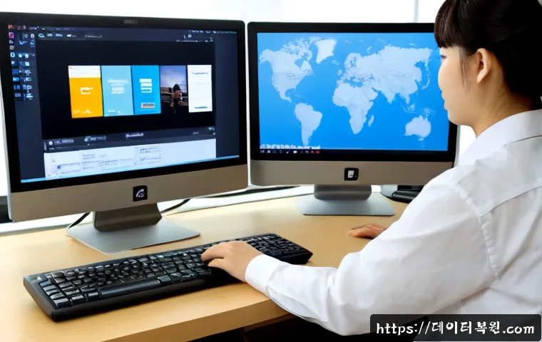 독산동 STATUS_IMAGE_ACCESS_DENIED - Photorealistic remote support workstation in a modest Geumcheon office, dual monitors showing a blur...