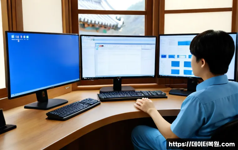 필운동 INVALID_KERNEL_HANDLE - Photorealistic IT support workstation in a quiet historic Seoul neighborhood office, dual monitors s...