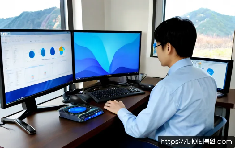 도봉구 NTFS_FILE_SYSTEM - Photorealistic IT support workstation in a compact Dobong-gu office, dual monitors displaying abstra...