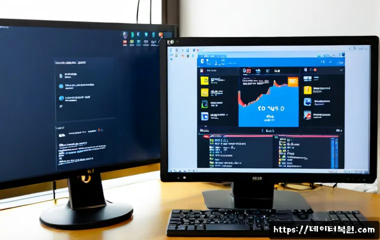 삼양동 STATUS_KERNEL_BOOT_DRIVE_ERROR - Photorealistic IT support workstation in a compact Samyang-dong apartment office, dual monitors show...