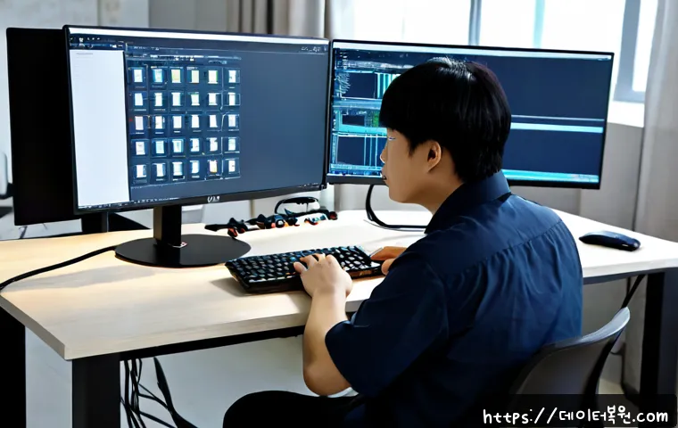 주성동 STATUS_IMAGE_ACCESS_DENIED - Photorealistic remote-support workstation in a modern Korean apartment office, frustrated technician...