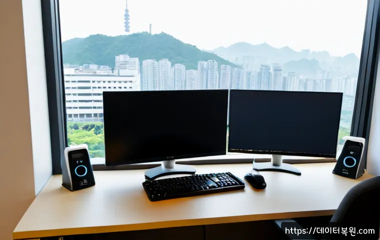 대현동 STATUS_PAGEFILE_MISSING - Photorealistic remote-support workstation in a compact Daeheyon-dong apartment office, dual monitors...