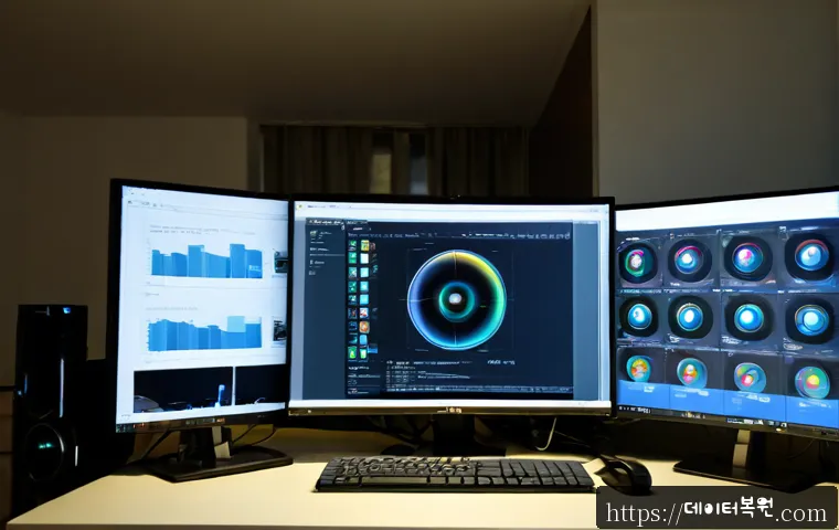 봉원동 STATUS_DISK_CORRUPTION - Photorealistic IT support workstation in a compact hillside apartment near Bongwon-dong, dual monito...