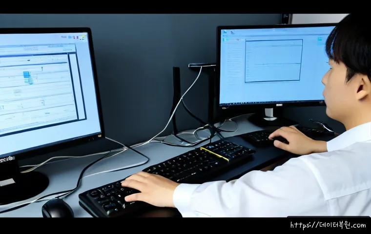 대덕동 STATUS_KERNEL_THREAD_INTERRUPTED - Photorealistic remote-support workstation in a quiet Daedeok-dong office, dual monitors showing a fr...
