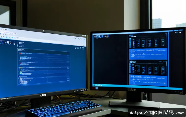 구산동 STATUS_KERNEL_STACK_CORRUPTION - Photorealistic IT support workstation in Gusan-dong, dual monitors showing a clean abstract blue dia...