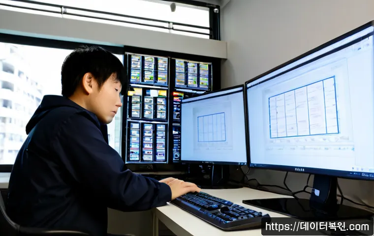 예관동 POOL_HEADER_CORRUPTION - Photorealistic IT support workstation in a compact Ye-gwan-dong office, dual monitors showing abstra...