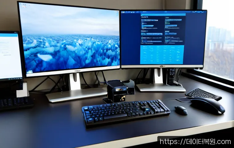대치동 STATUS_KERNEL_MODE_EXCEPTION - Photorealistic premium desktop support workstation in Daechi-dong, dual monitors showing a frozen ab...