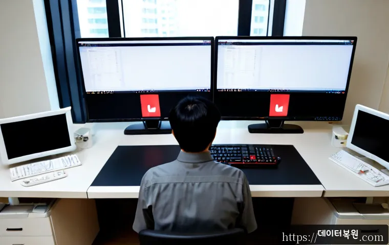 충정로 STATUS_UNSUCCESSFUL - Photorealistic IT support workstation in a compact Chungjeong-ro office, dual monitors showing a cle...