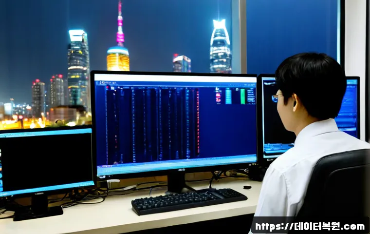 여의도 KERNEL_STACK_INPAGE_ERROR - Photorealistic financial-district workstation in Yeouido, Seoul, ultrawide monitor showing a blank c...