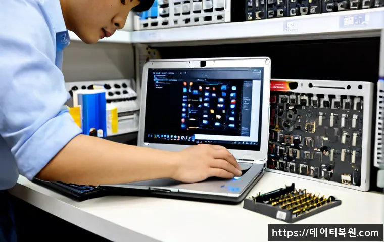 마장동 맥북프로 판매 및 수리 - Photorealistic premium laptop repair workstation in a compact Majang-dong electronics shop, technici...