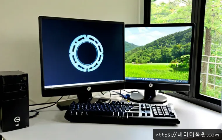 벽제동 HARDWARE_FAILURE - Photorealistic IT support workstation in a quiet low-rise suburban district near wooded hills, dual ...