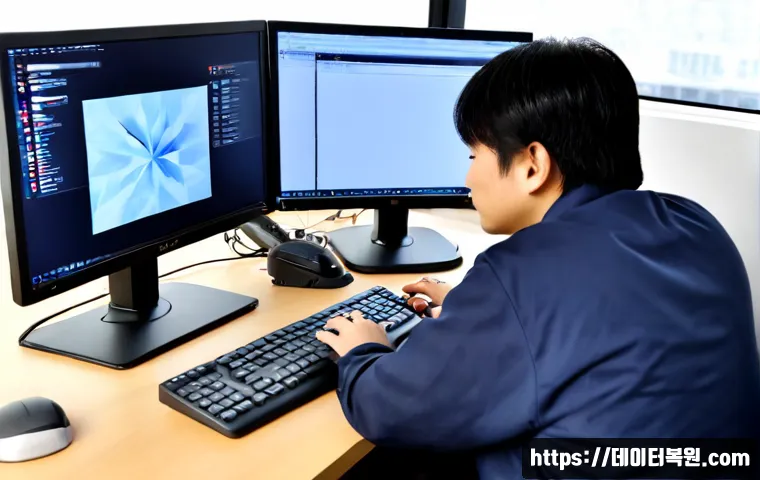 대화동 Press Ctrl Alt Del to restart - Photorealistic IT support workstation in Daehwa, Goyang, dual monitors showing a frozen abstract CAD...