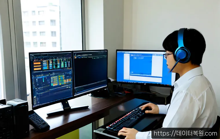 송중동 STATUS_KERNEL_DRIVER_CORRUPTION - Photorealistic IT workstation in a compact Songjung-dong apartment office, dual monitors showing abs...