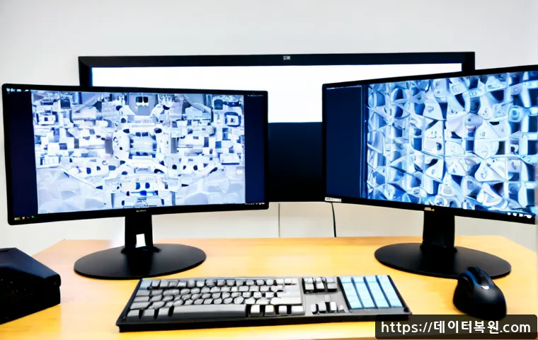 금천구 POOL_HEADER_CORRUPTION - Photorealistic remote-support workstation in Geumcheon-gu, dual monitors showing a complex 3D CAD as...