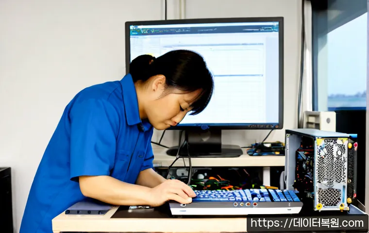 봉래동 VGA조립 및 교체수리 - Photorealistic computer repair bench in a compact Bongnaedong electronics workshop, technician caref...
