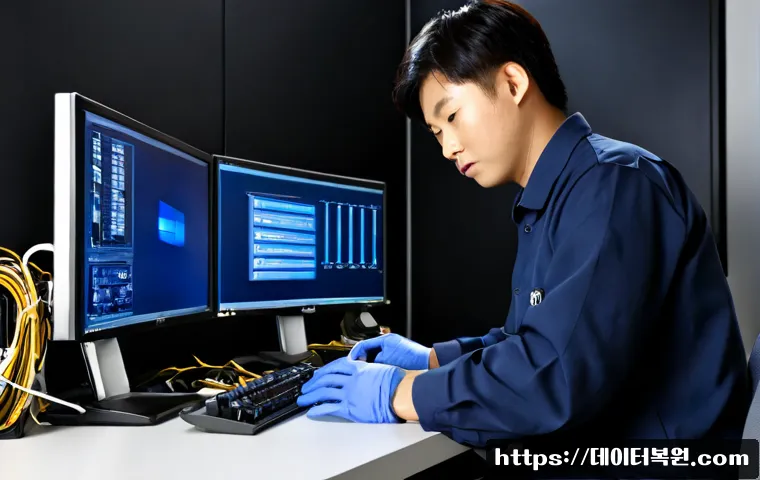 저동 WHEA_UNCORRECTABLE_ERROR - Photorealistic remote IT support workstation in a compact Jeodong office, dual monitors showing a bl...
