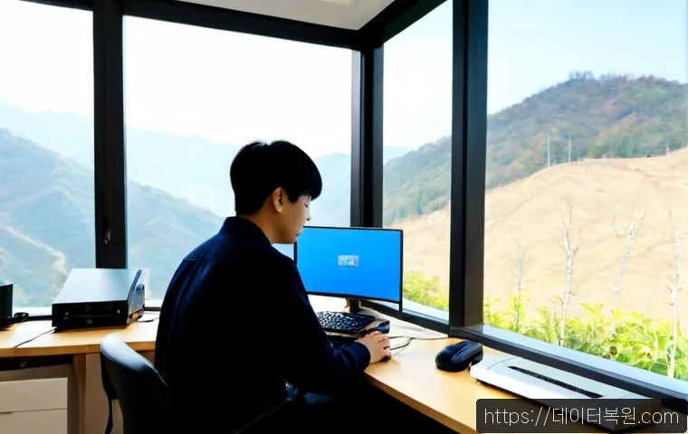 동작구 ACPI_BIOS_ERROR - Photorealistic remote-support workstation in a Dongjak-gu apartment office, dual monitors with a bla...