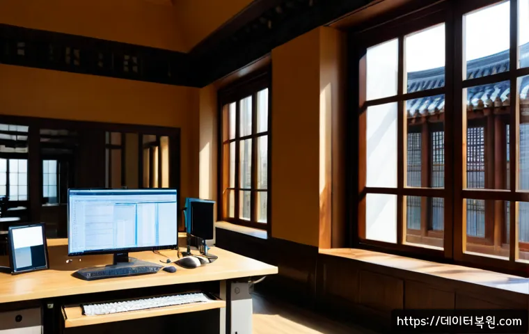 정동 PFN_LIST_CORRUPT - Photorealistic IT support workstation inside a refined Jeongdong-era office building, dual monitors ...
