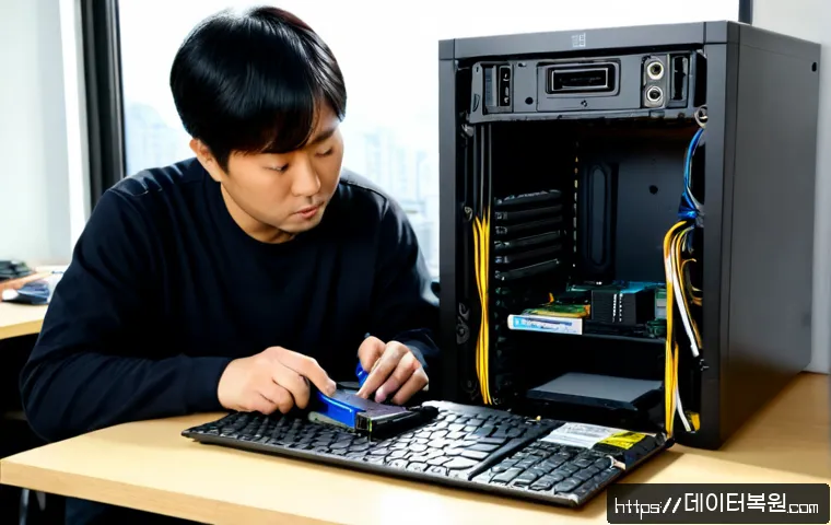사당동 SSD조립 및 교체수리 - Photorealistic computer repair workstation in a compact Sadang-dong apartment office, technician car...