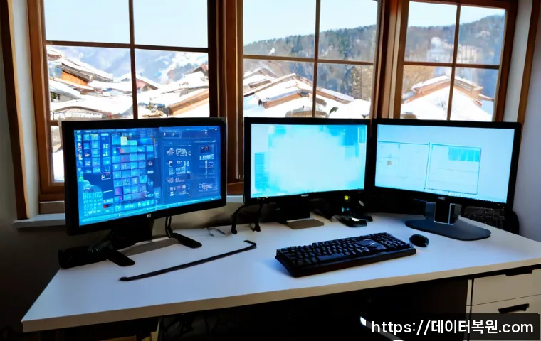 청운동 MACHINE_CHECK_EXCEPTION - Photorealistic technical workstation in a compact hillside studio, dual monitors showing abstract CA...
