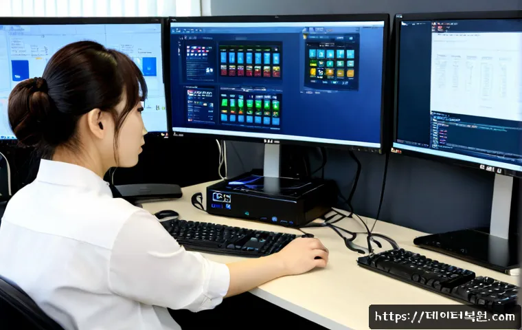 송정동 STATUS_KERNEL_THREAD_TIMEOUT - Photorealistic IT support workstation in a compact Songjeong-dong office, dual monitors showing a fr...