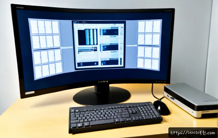 용산동 STATUS_DISK_NOT_INITIALIZED - Photorealistic remote IT support workstation in Yongsan-dong, Seoul, dual monitors showing a clean d...