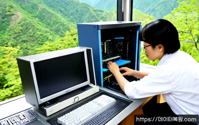 설악면 메인보드조립 및 교체수리 - Photorealistic computer repair bench in a quiet mountain-town service workshop, technician carefully...