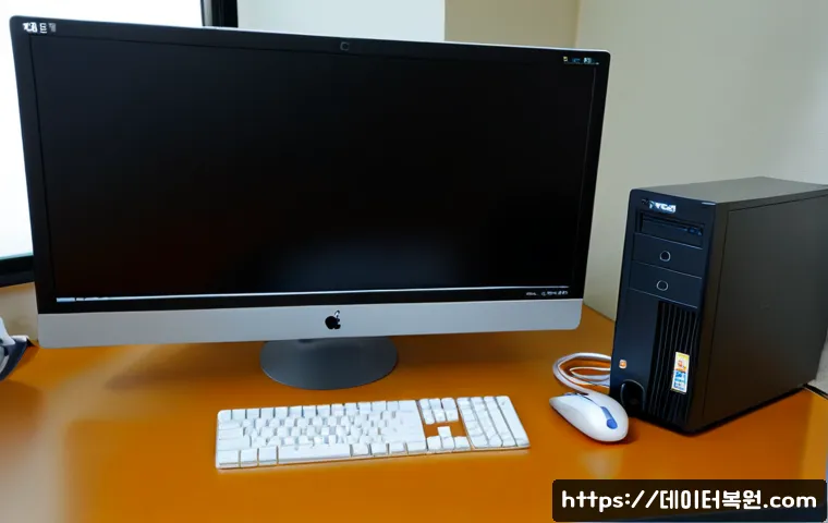 창동 STATUS_DEVICE_NOT_READY - Photorealistic IT support workstation in a compact Changdong office, desktop computer showing a blan...