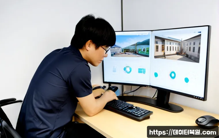 신도동 모니터화면 안나옴 - Photorealistic remote-support scene in a compact Sindong-dong architecture office, dual-monitor work...