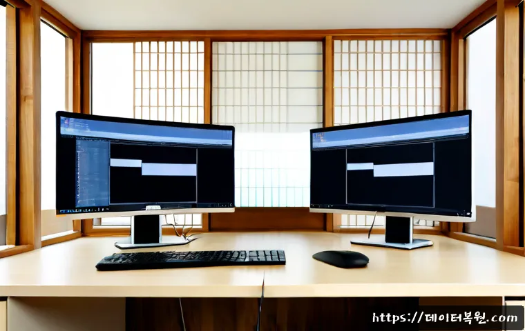 운니동 STATUS_INVALID_PAGE - Photorealistic software support workstation in a quiet Unni-dong inspired studio, dual monitors show...