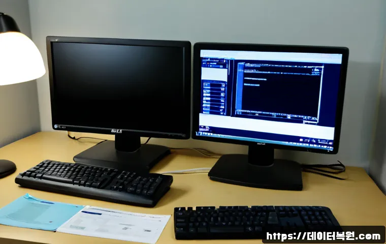 충정로 STATUS_FILE_INVALID - Photorealistic IT support workstation in a compact Chungjeongro office, dual monitors showing a clea...