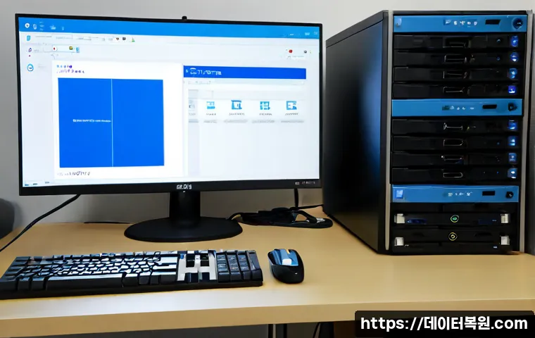 구산동 STATUS_KERNEL_MODULE_CORRUPTION - Photorealistic remote IT support workstation in Gusan-dong, dual monitors showing a blank blue syste...