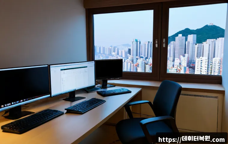 석촌동 절전모드 - Photorealistic compact architectural workstation in a quiet Seokchon-dong apartment office, dual mon...