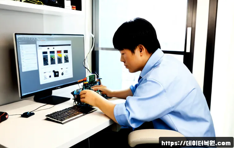 개포동 아이맥 판매 및 수리 - Photorealistic premium computer repair studio in Gaepo-dong, an all-in-one aluminum desktop carefull...