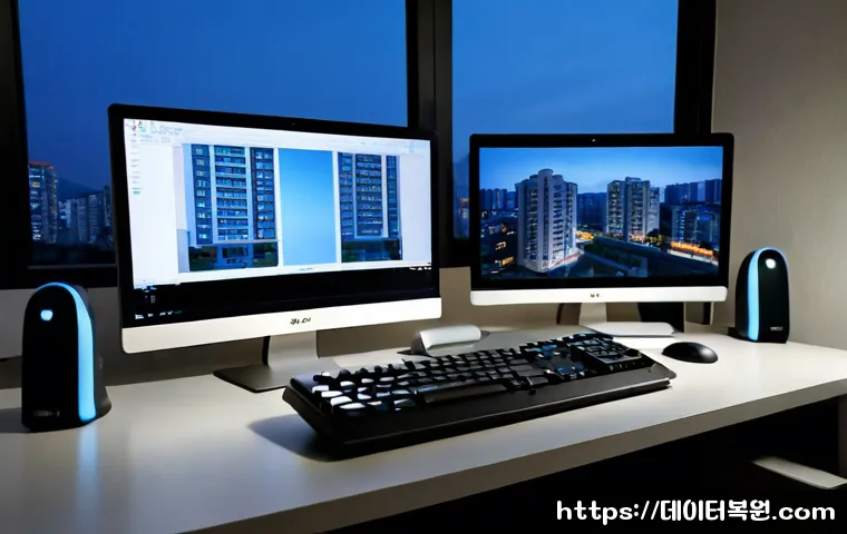 세곡동 절전모드 - Photorealistic remote IT support workstation in a quiet Segok-dong apartment office, dual monitors s...