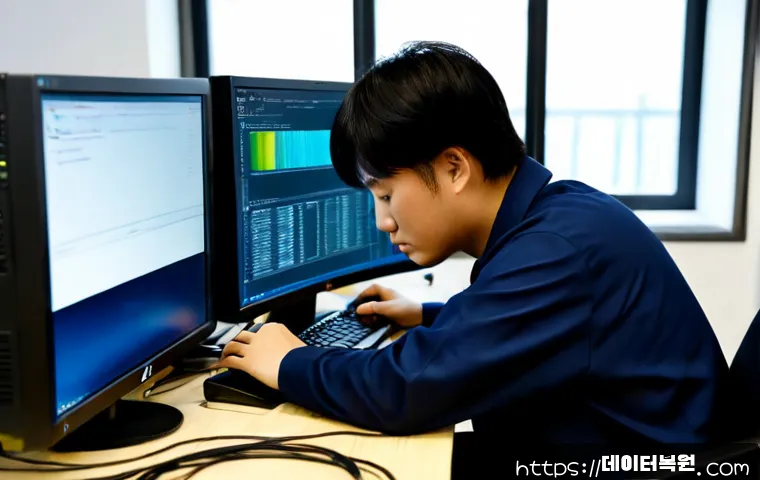 별양동 공장초기화복구 - Photorealistic IT recovery workstation inside a compact industrial office, technician restoring a de...