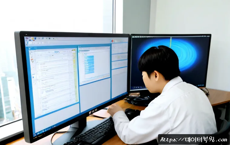 영등포동 STATUS_SYSTEM_PROCESS_TERMINATED - Photorealistic IT support workstation in a compact Yeongdeungpo office, technician studying a deskto...