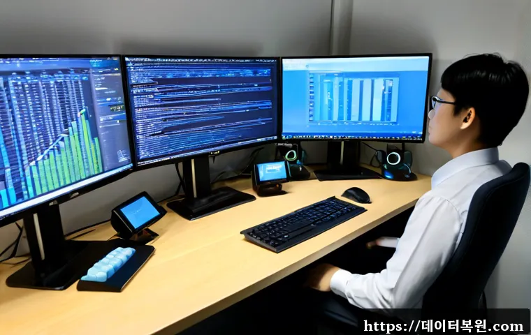 일직동 STATUS_KERNEL_RESOURCE_ERROR - Photorealistic IT support workstation in a modern office near Iljik-dong, engineer studying a dark-b...