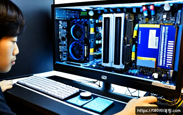 초동 쿨러조립 및 교체수리 - Photorealistic PC repair workstation in a compact Hongdae studio, technician carefully mounting a to...